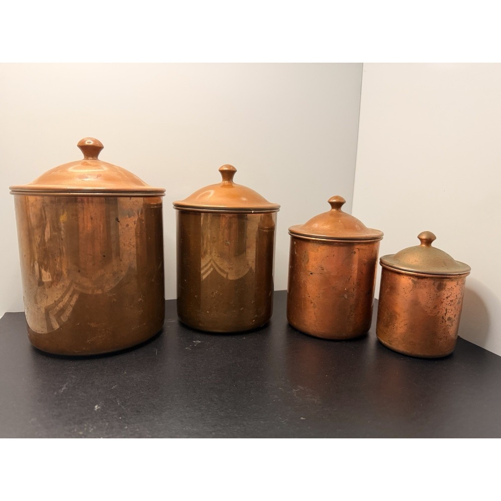 Vintage Copper Kitchen Canisters Set of 4 Lidded Storage Jars Rustic Decor